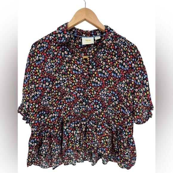 Maeve Mallory Floral Ruffle Sleeve Women's High Low Button Down Top Size Small - Picture 2 of 6